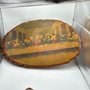 Vintage oval image “The Last Supper “ on live edge cedar wood wall plaque